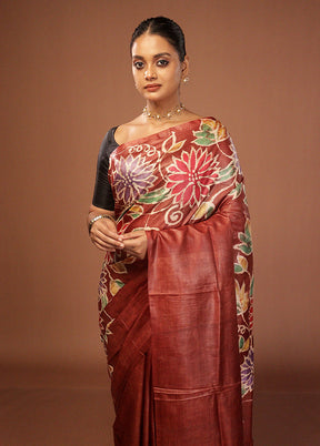 Brown Handloom Tussar Pure Silk Saree With Blouse Piece