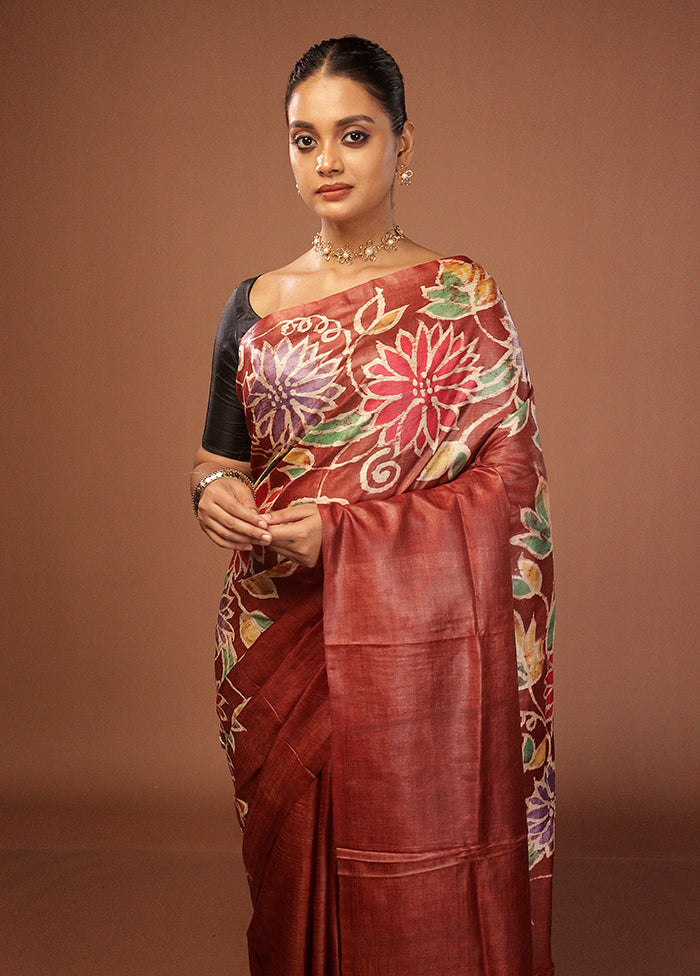 Brown Handloom Tussar Pure Silk Saree With Blouse Piece