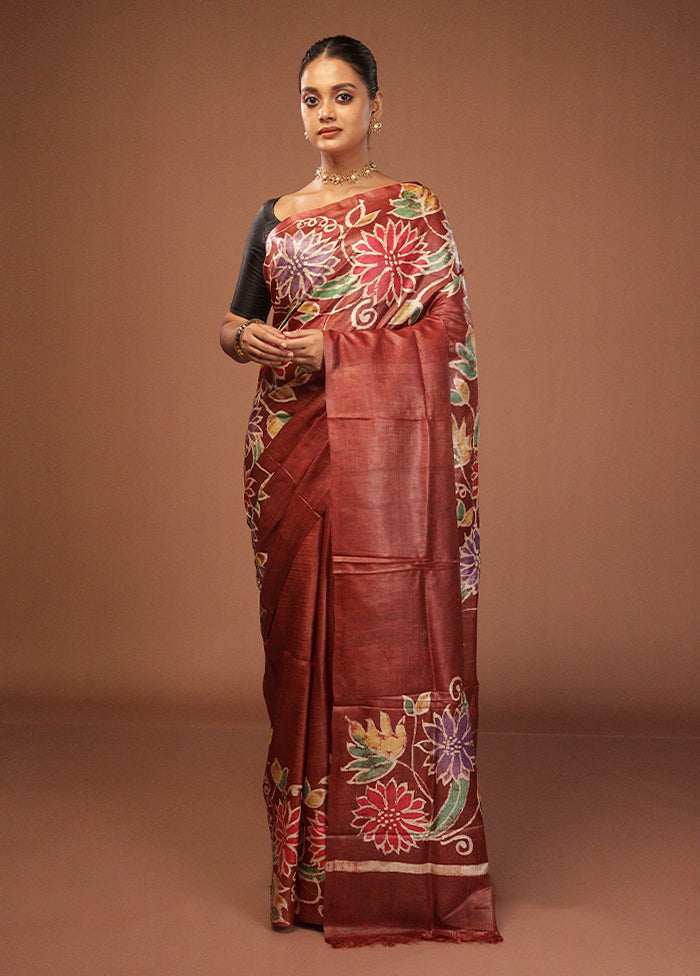 Brown Handloom Tussar Pure Silk Saree With Blouse Piece