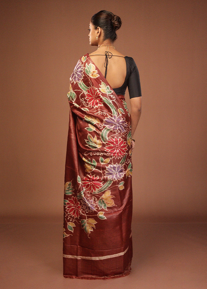 Brown Handloom Tussar Pure Silk Saree With Blouse Piece