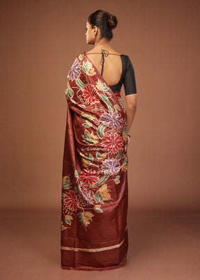Brown Handloom Tussar Pure Silk Saree With Blouse Piece