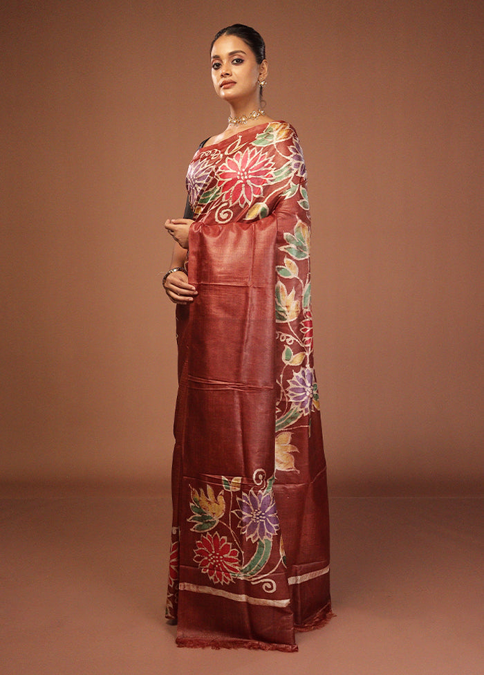 Brown Handloom Tussar Pure Silk Saree With Blouse Piece