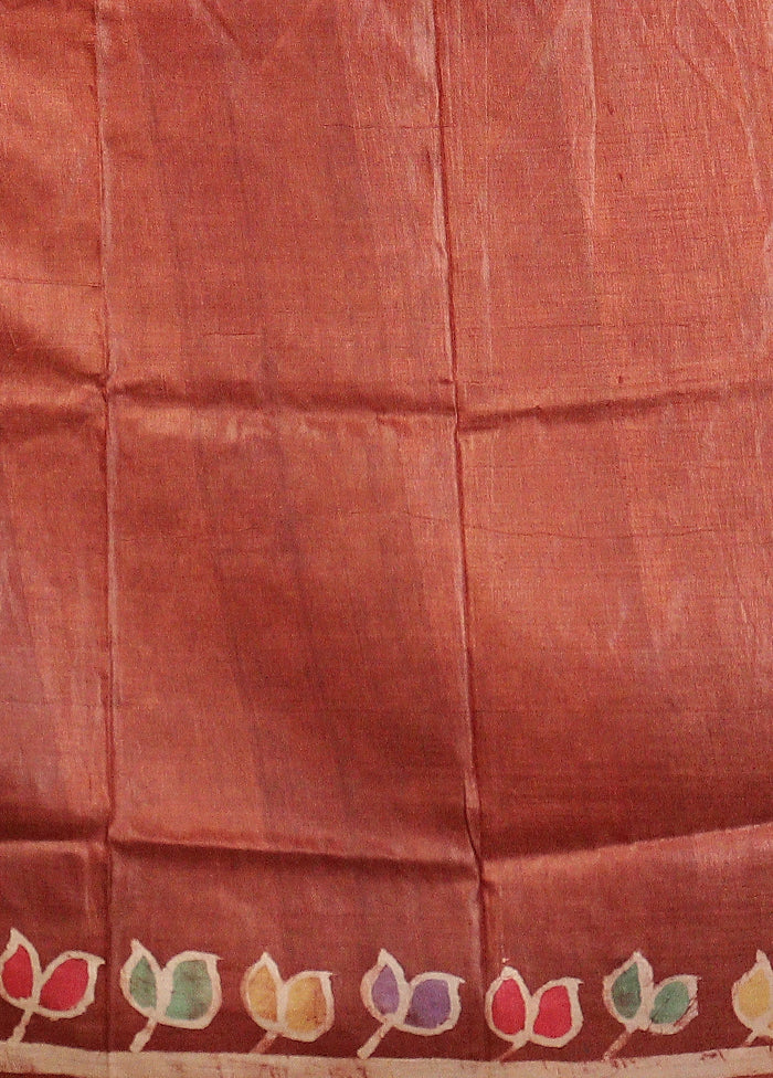 Brown Handloom Tussar Pure Silk Saree With Blouse Piece