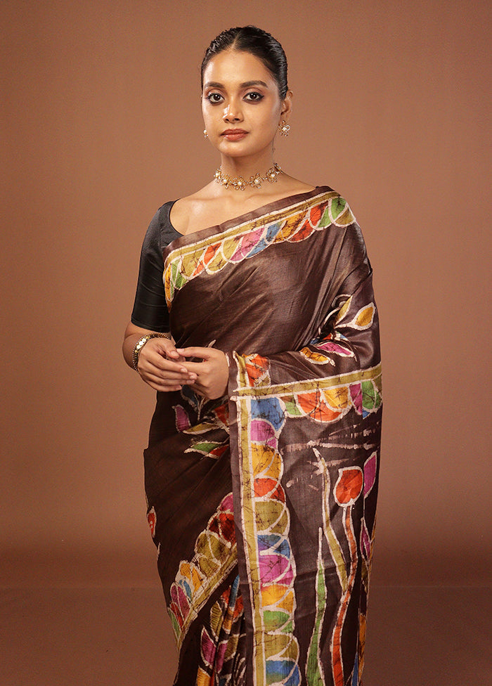 Brown Handloom Tussar Pure Silk Saree With Blouse Piece