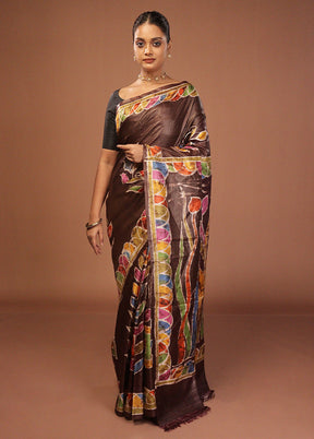 Brown Handloom Tussar Pure Silk Saree With Blouse Piece