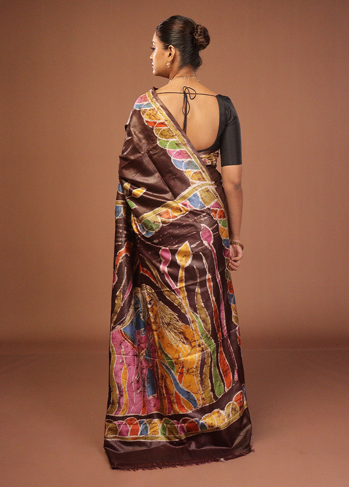 Brown Handloom Tussar Pure Silk Saree With Blouse Piece