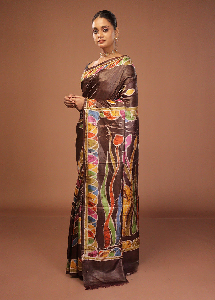 Brown Handloom Tussar Pure Silk Saree With Blouse Piece