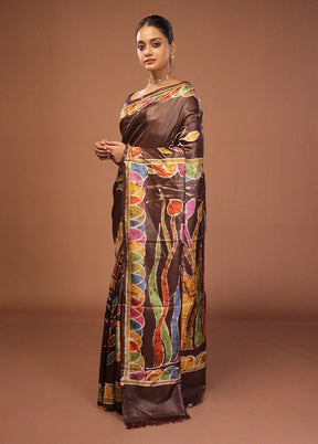 Brown Handloom Tussar Pure Silk Saree With Blouse Piece
