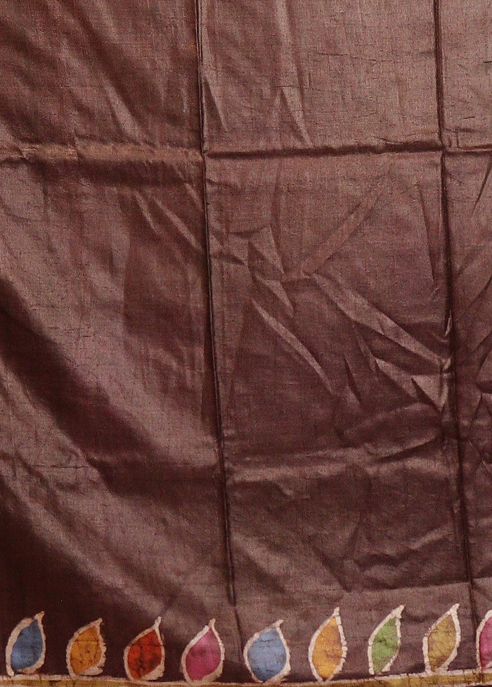 Brown Handloom Tussar Pure Silk Saree With Blouse Piece