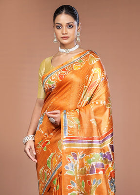 Yellow Handloom Tussar Pure Silk Saree With Blouse Piece