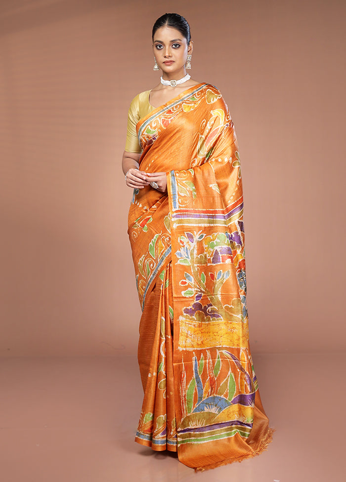 Yellow Handloom Tussar Pure Silk Saree With Blouse Piece