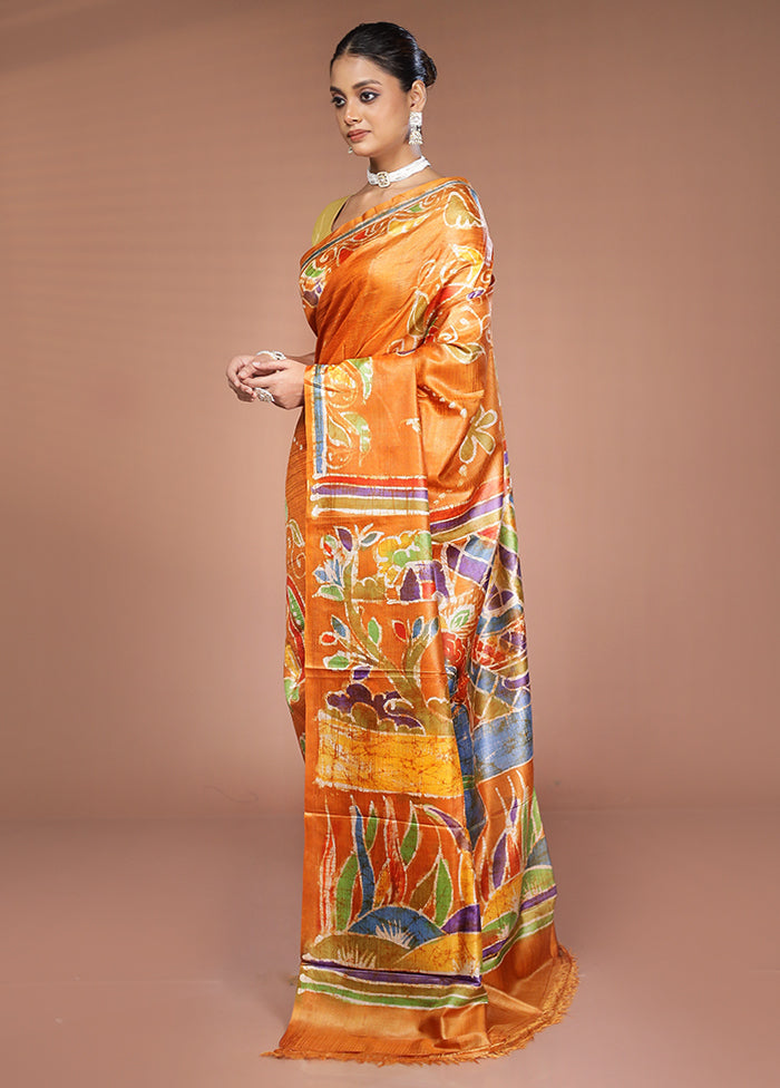 Yellow Handloom Tussar Pure Silk Saree With Blouse Piece