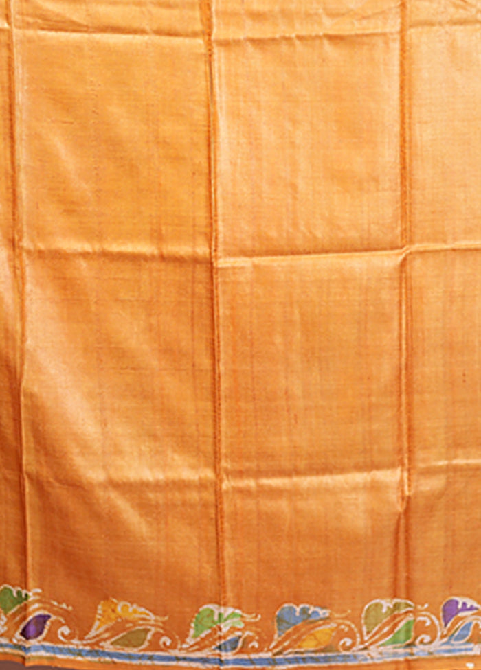 Yellow Handloom Tussar Pure Silk Saree With Blouse Piece