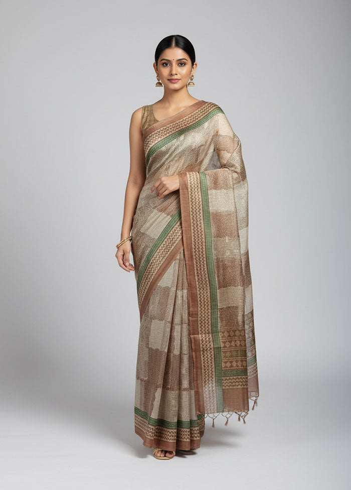 Cream Handloom Tussar Pure Silk Saree With Blouse Piece