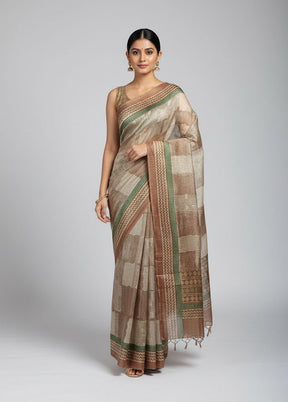 Cream Handloom Tussar Pure Silk Saree With Blouse Piece