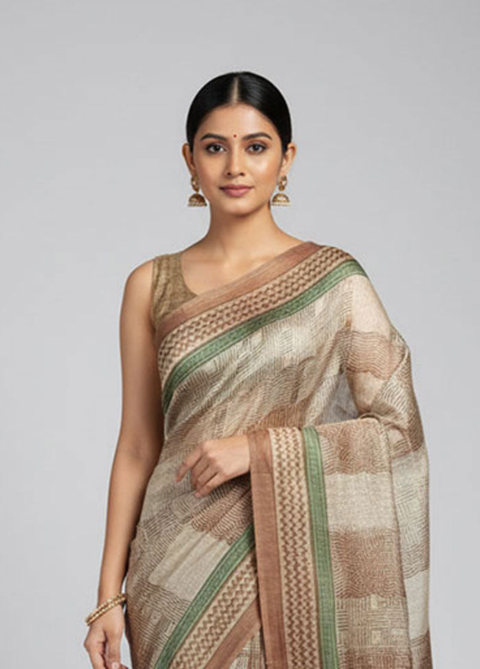 Cream Handloom Tussar Pure Silk Saree With Blouse Piece