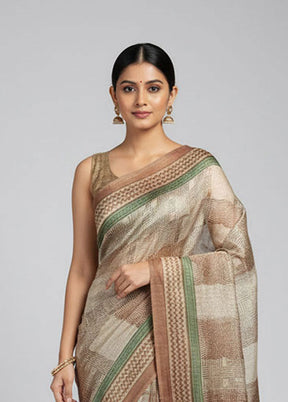Cream Handloom Tussar Pure Silk Saree With Blouse Piece