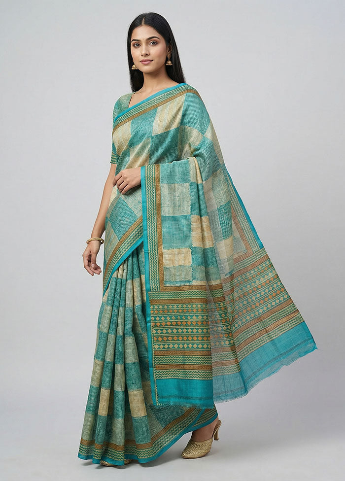 Cream Handloom Tussar Pure Silk Saree With Blouse Piece