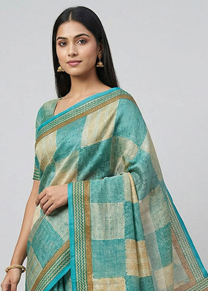 Cream Handloom Tussar Pure Silk Saree With Blouse Piece