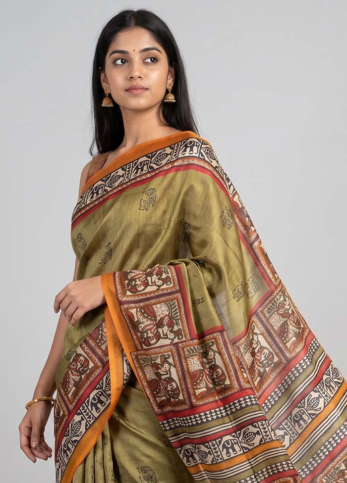 Cream Handloom Tussar Pure Silk Saree With Blouse Piece