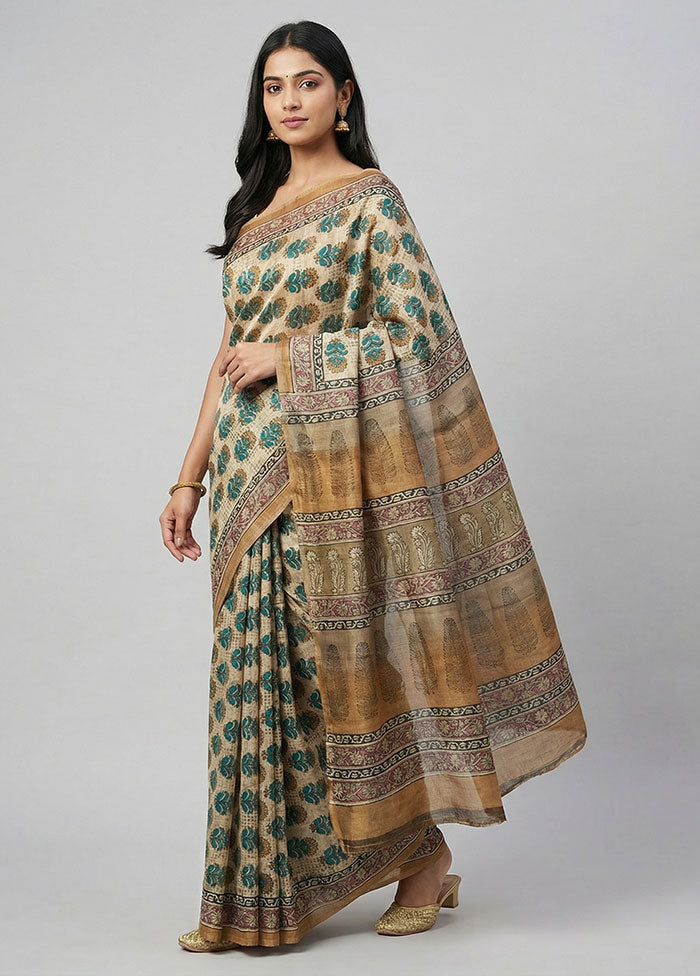 Cream Handloom Tussar Pure Silk Saree With Blouse Piece