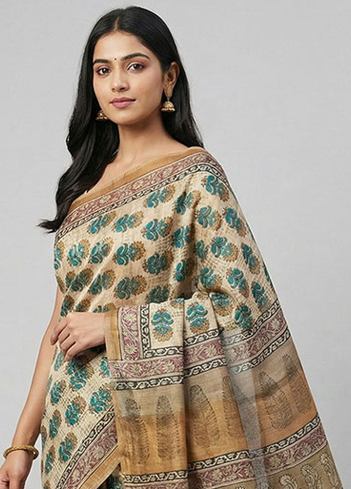 Cream Handloom Tussar Pure Silk Saree With Blouse Piece