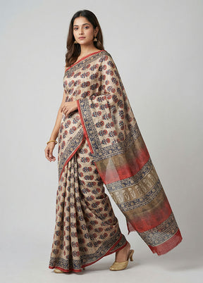 Cream Handloom Tussar Pure Silk Saree With Blouse Piece