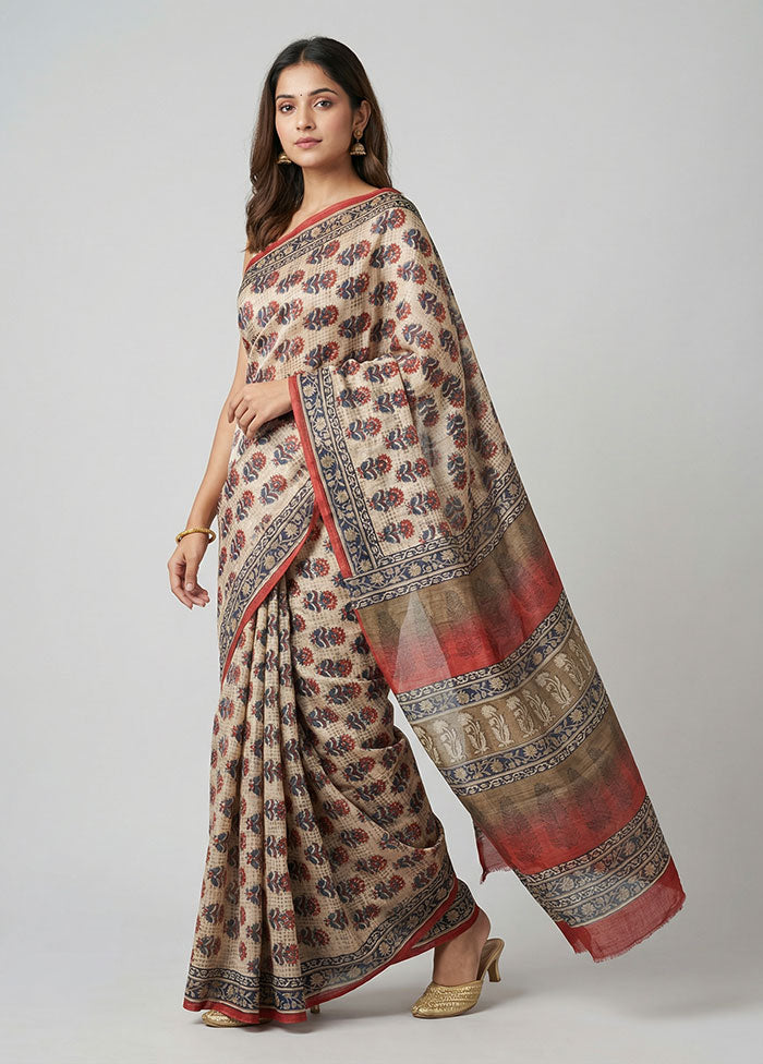 Cream Handloom Tussar Pure Silk Saree With Blouse Piece