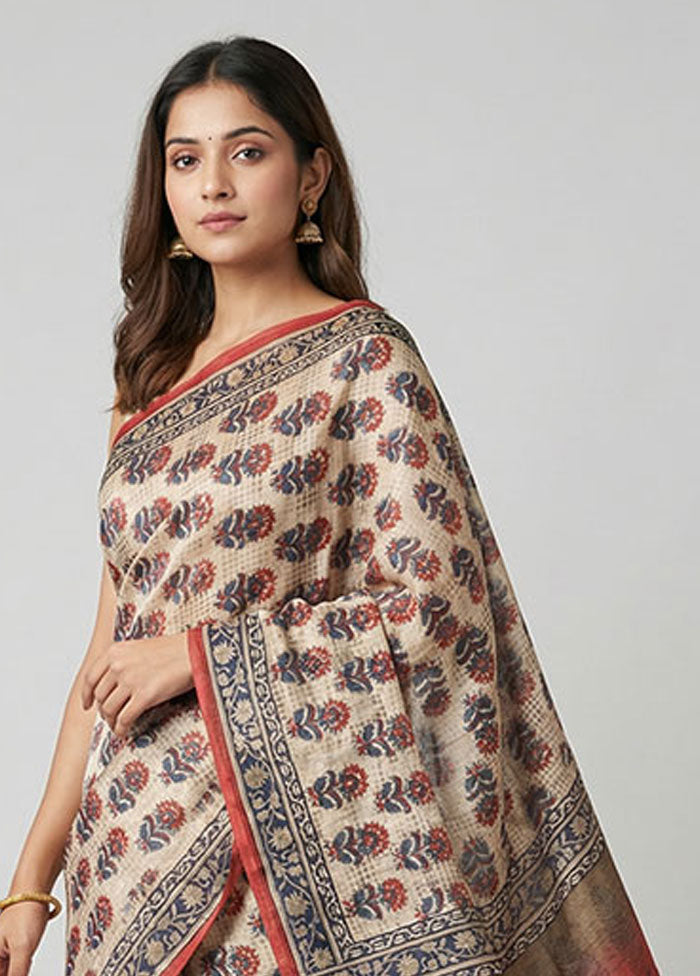 Cream Handloom Tussar Pure Silk Saree With Blouse Piece
