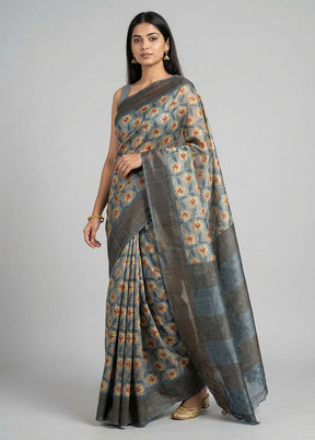Grey Tussar Silk Saree With Blouse Piece