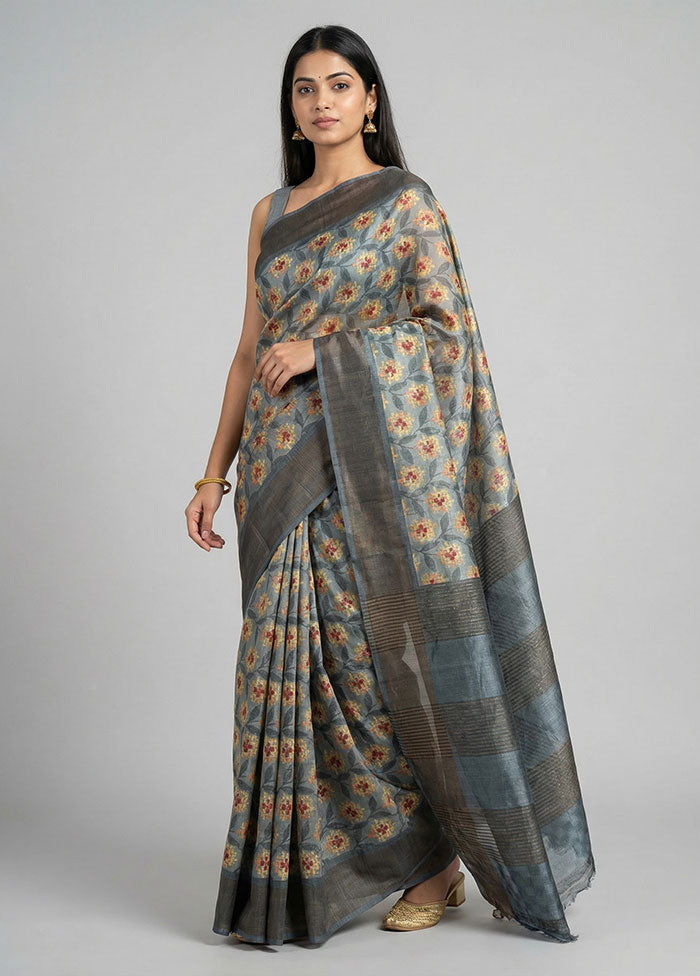 Grey Tussar Silk Saree With Blouse Piece
