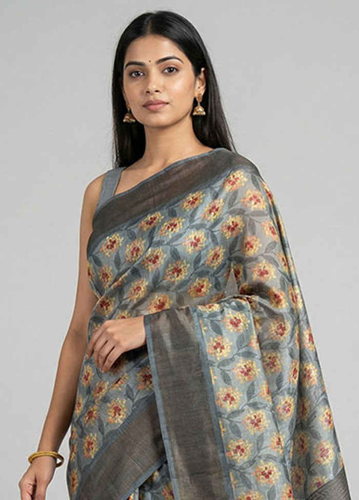 Grey Tussar Silk Saree With Blouse Piece