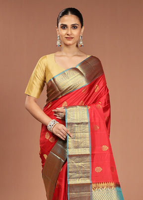 Red Handloom Kanjivaram Pure Silk Saree With Blouse Piece