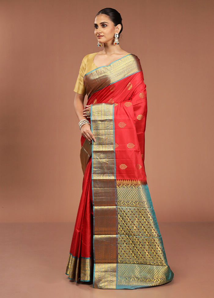 Red Handloom Kanjivaram Pure Silk Saree With Blouse Piece