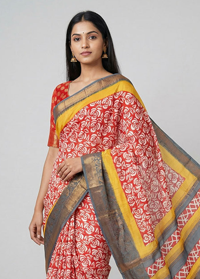 Red Chanderi Silk Saree With Blouse Piece