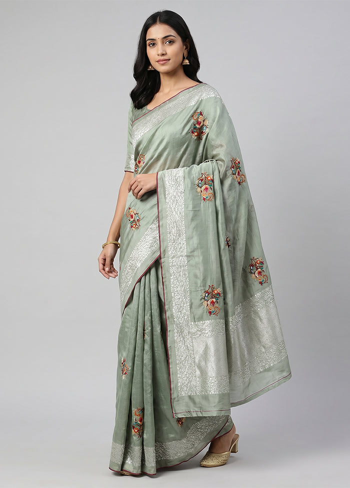 Green Printed Silk Saree Without Blouse Piece