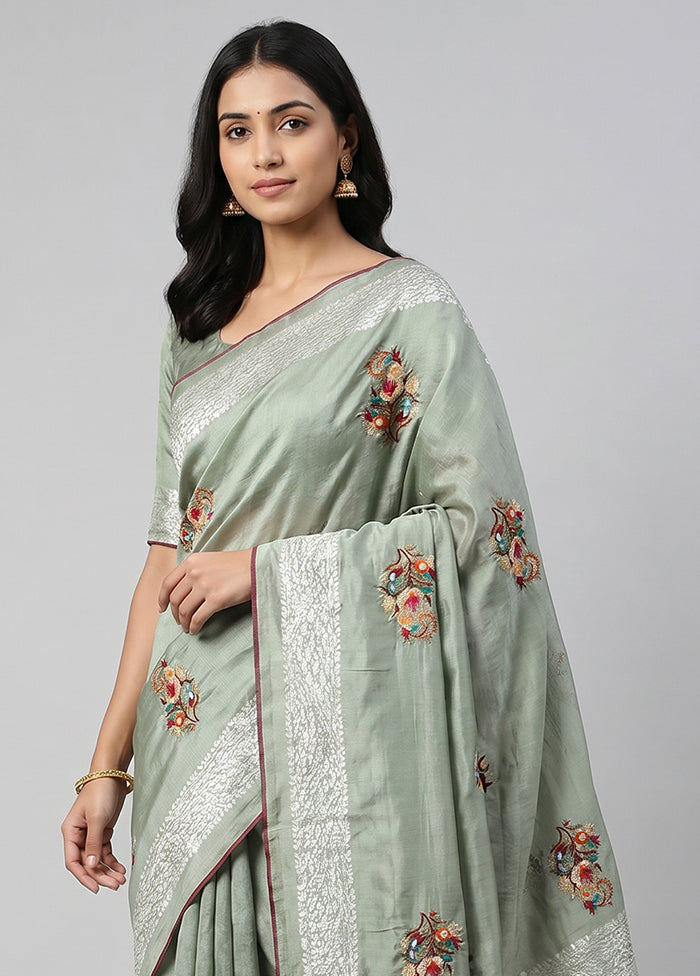 Green Printed Silk Saree Without Blouse Piece