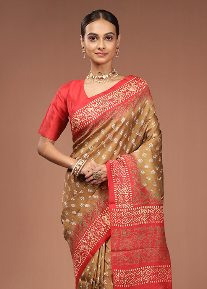 Brown Printed Pure Silk Saree Without Blouse Piece