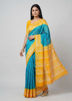 Blue Printed Silk Saree Without Blouse Piece
