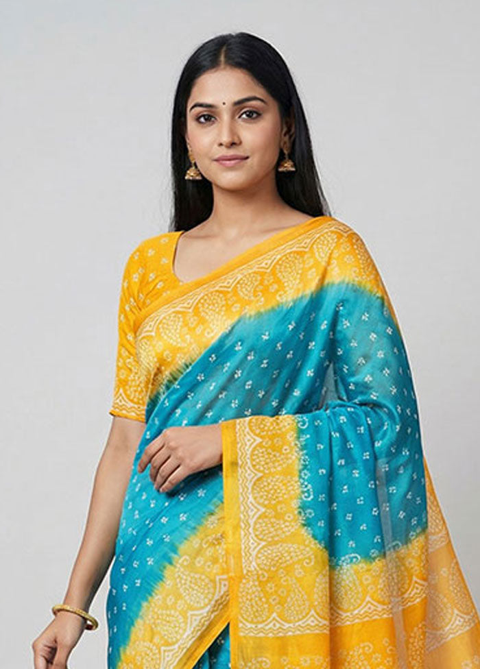 Blue Printed Silk Saree Without Blouse Piece
