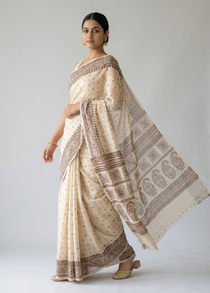 Cream Printed Silk Saree Without Blouse Piece