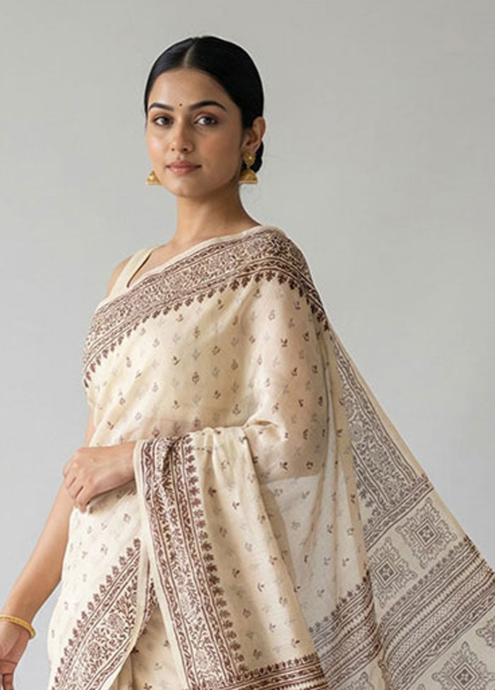 Cream Printed Silk Saree Without Blouse Piece