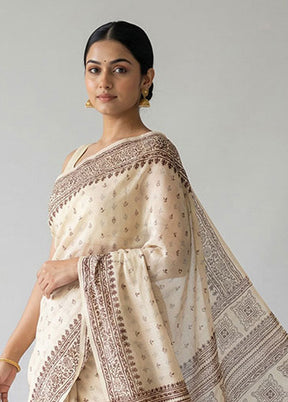 Cream Printed Silk Saree Without Blouse Piece