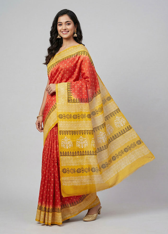 Red Printed Silk Saree Without Blouse Piece