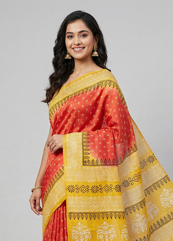 Red Printed Silk Saree Without Blouse Piece