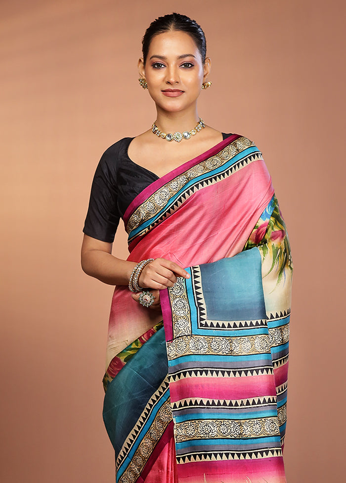 Blue Printed Pure Silk Saree Without Blouse Piece