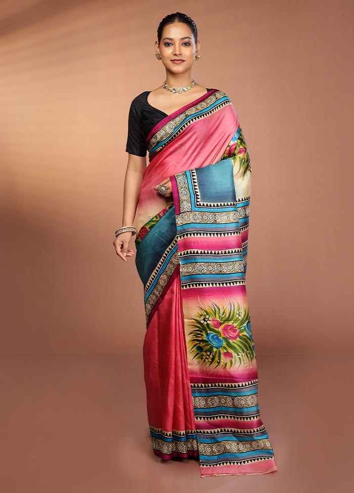 Blue Printed Pure Silk Saree Without Blouse Piece