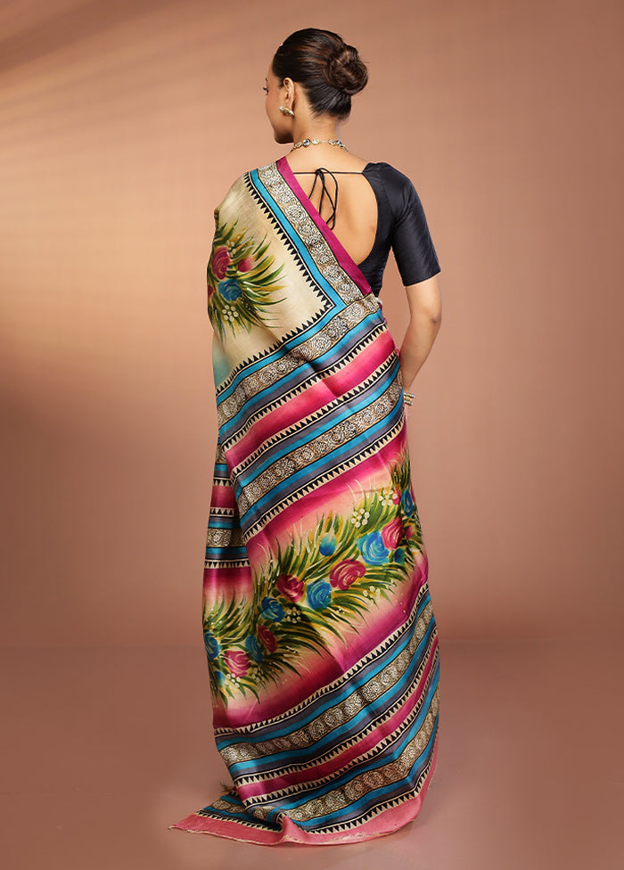 Blue Printed Pure Silk Saree Without Blouse Piece