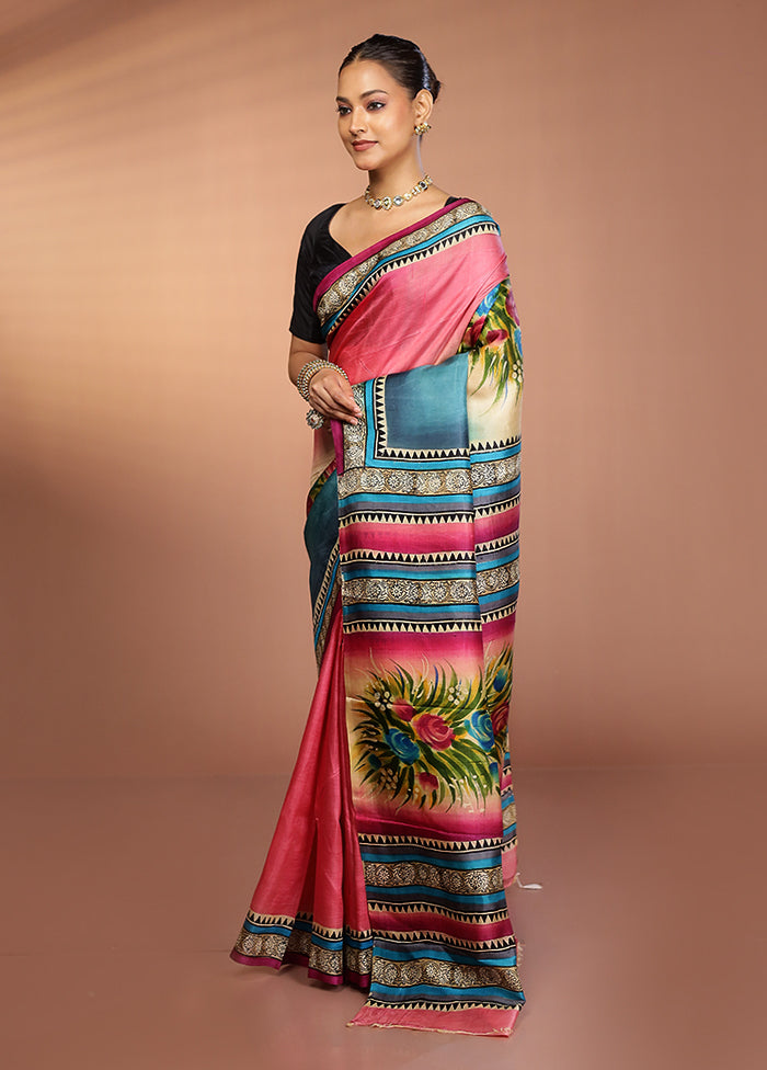 Blue Printed Pure Silk Saree Without Blouse Piece