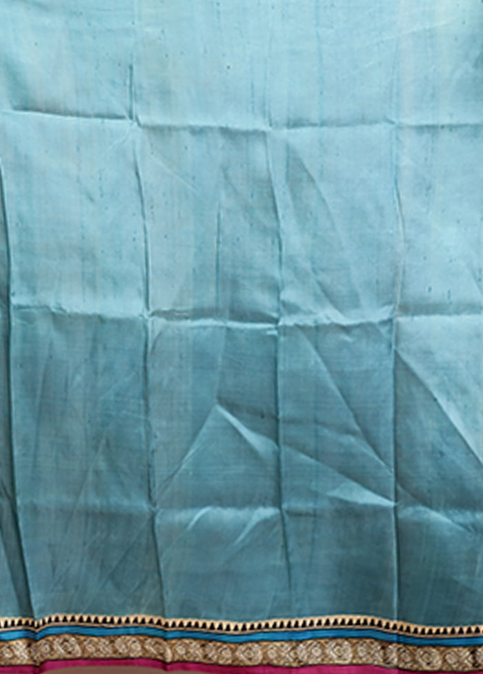 Blue Printed Pure Silk Saree Without Blouse Piece